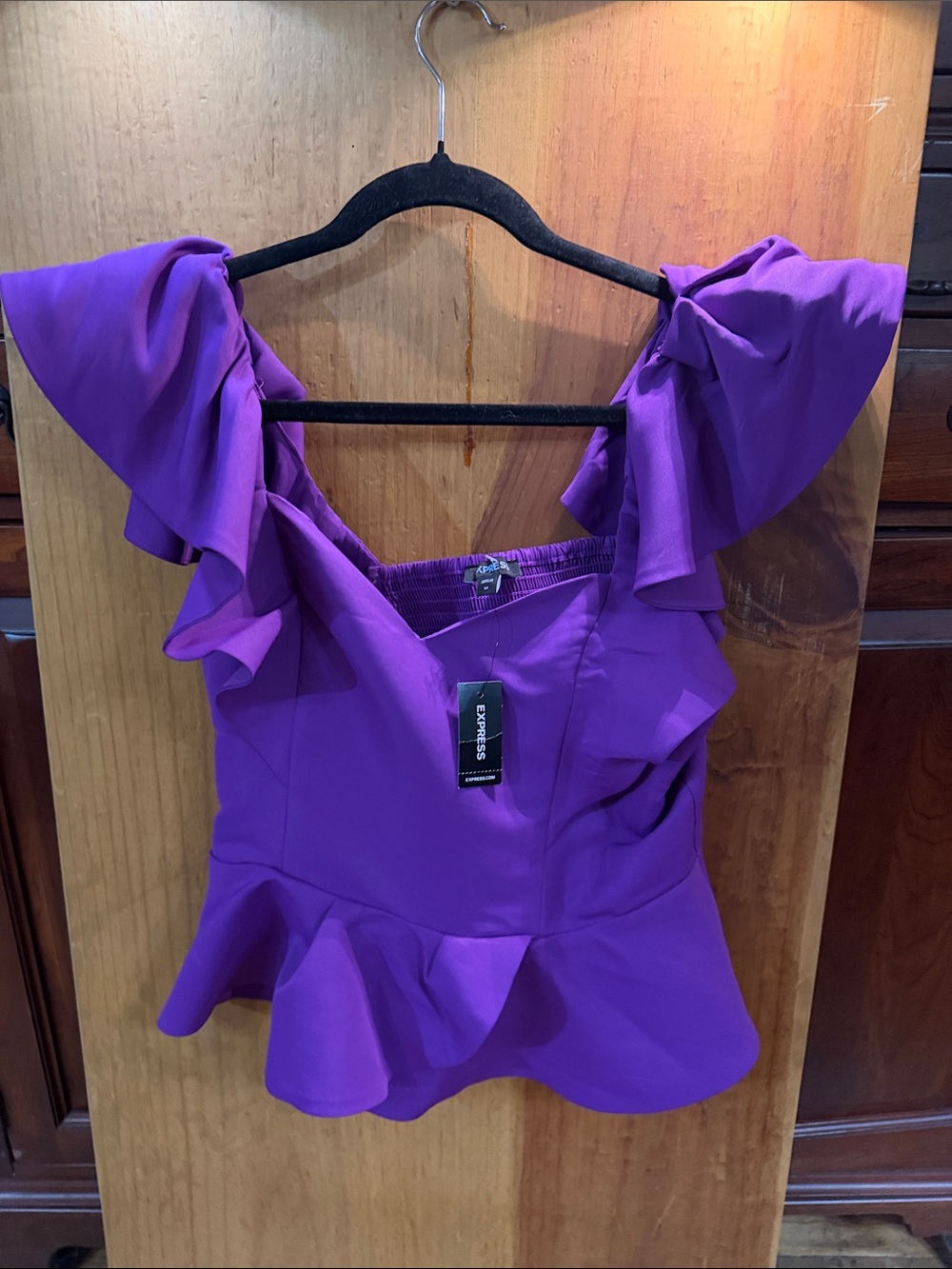 Express Purple Ruffle Peplum Crop Top with Flutter Sleeves